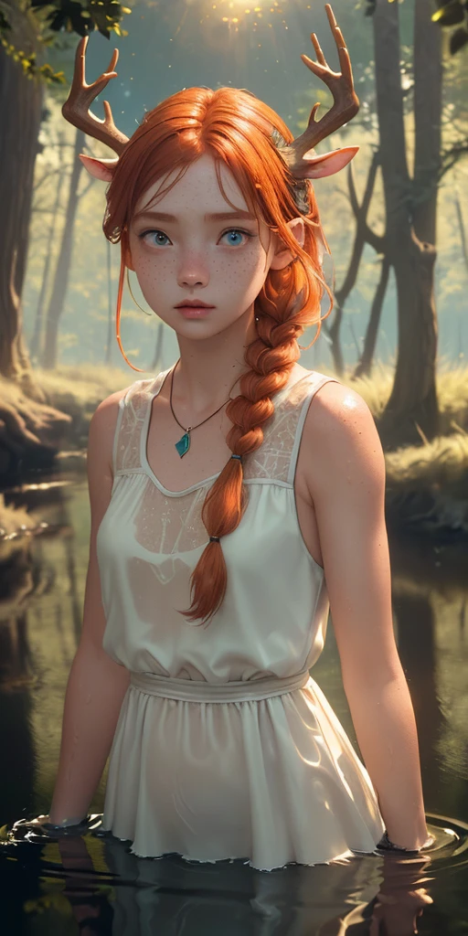 (masterpiece, best quality), 1girl, ginger hair, deer antlers, dress, in water, looking at viewer, swamp, hair ornament, necklace, lens flare, reflective water, freckles, braid,