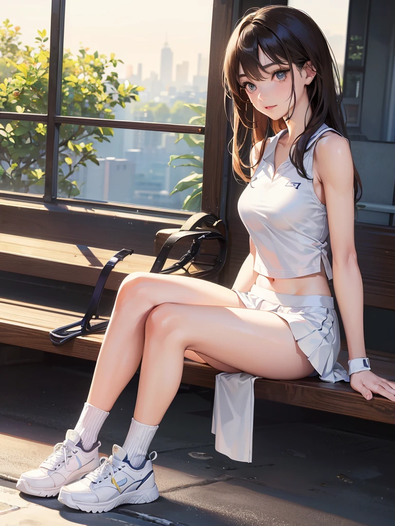 ((Perfect Anatomy, Anatomically correct, Very detailed肌)), 1 girl, alone, Japanese, , Tennis Player, Glowing Skin, Take in the view,
Beautiful Hair, Beautiful Face, Beautiful attention to detail, Brown eyes, (Long Hair:1.5, Straight hair:1.6, Black Hair), bangs, blue eyes, Big eyes, Droopy eyes, Baby Face,
beautiful clavicle, Beautiful body, Beautiful breasts, Beautiful thighs, Beautiful feet, Large Breasts, Captivating thighs,
Camel Toe, Bare arms, bare hands, Bottomless, closeup clavicle, break, skirtが風でめくれる,
((Symmetrical Clothing Metallic)), ((White tennis uniform, No sleeve, shirt, skirt, socks, Tennis shoes)), clavicle,
(Beautiful views), evening, ((Tennis court)), (Stadium:1.5), Bench chair,
Cute smile, sitting Bench chair, flipping skirt, Put your finger to your lips, break,
(8k, Highest quality, Masterpiece:1.2, Very detailed), (Realistic:1.2), Beautiful illustrations, Depth of written boundary, Natural light,