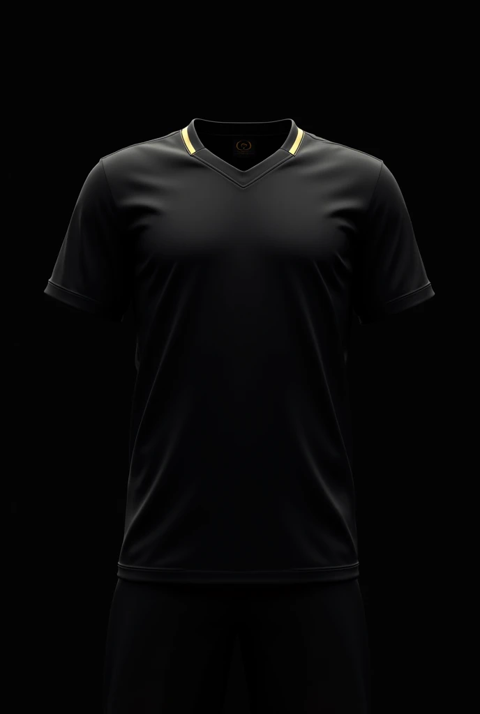 football shirt with black background, v-neck , with gold details on the ends 