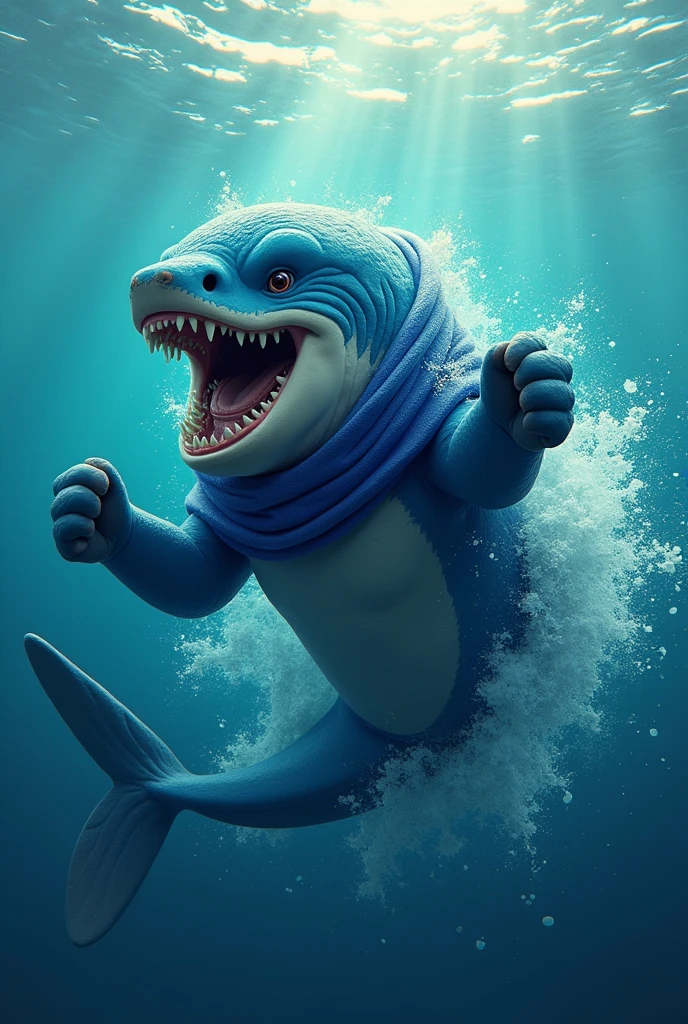 Crie uma imagem de tubarão no oceano com um boné azul e dando um 👍para estampa de roupa de atlética
