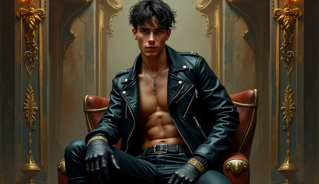 A very cool young man wearing a
a very cool, revealing black leather Harley Davidson biker jacket,
black leather biker gloves, black leather pants, very beautiful, very realistic, beautiful light, Tim Burton artwork, Jean-Baptiste Monge, digital painting, very beautiful background with watermarks and gilding, intricate scene