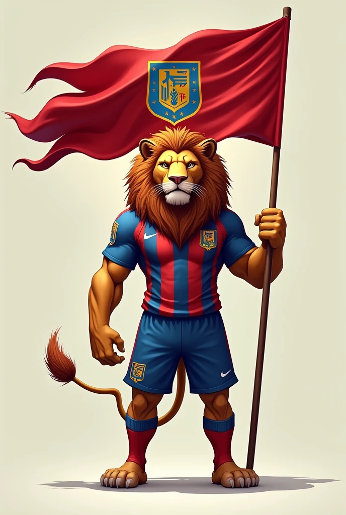 Lion in soccer sportswear holding a white and green flag with the Artemio Ocaña sports club shield