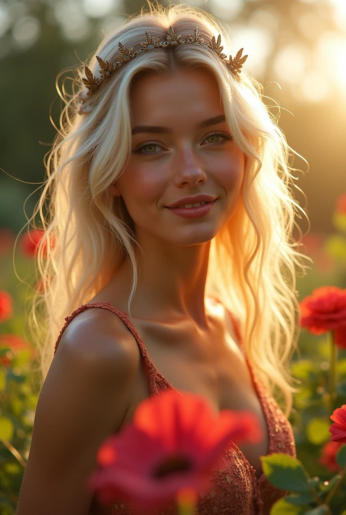 {{A ((sensual and sophisticated)) depiction of {((a young Scandinavian woman, around 2, with light blonde hair, a delicate face, and a sweet yet sensual personality))}}} with {((a playful expression and a slight, teasing smile))}. This is a {((photorealism with fantasy elements))}-inspired image that showcases {((the blend of youthful charm and mature allure))}. The environment/background should be {((an outdoor setting in a lush, sunlit garden with vibrant flowers))} to create an {((enchanted and whimsical atmosphere))}. The image should be in the style of a {((high-resolution photograph))}, incorporating elements of {((magical realism))}. The {((medium shot))}, captured with a {((wide-angle lens))}, will provide a {((dynamic and engaging view))}. The lighting should be {((golden hour sunlight))}, emphasizing {((the warmth and radiance of her personality))}. The desired level of detail is {((extremely high))} with a {((ultra-high))} resolution, highlighting {((the interplay of light and shadow on her face with photorealistic texture and depth))}. The goal is to create a {((strikingly real yet magical))} image that captivates viewers with its {((vivid beauty and emotional depth))}.
