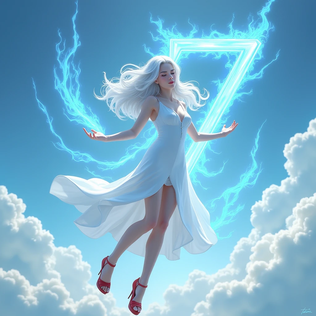 a woman with white hair, white tight dress, red high heel sandal, with the letter Y of blue fire and the number 7 of blue fire in the hands floating in the sky.
