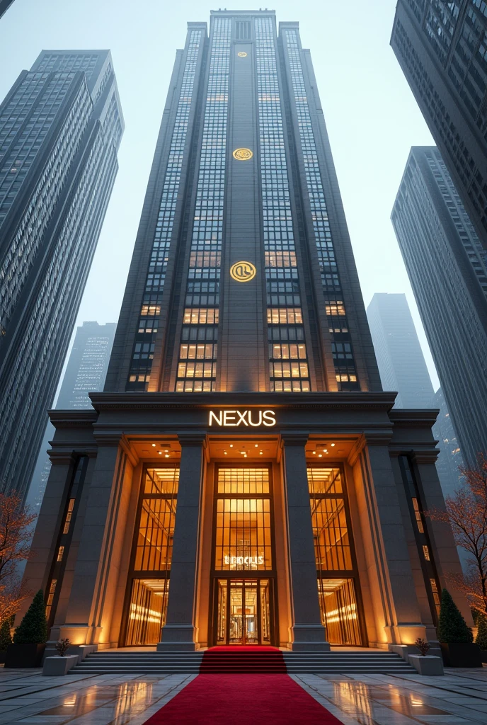 A luxurious, presidential standard company headquarters with the name NEXUS on it and red carpet on entrance