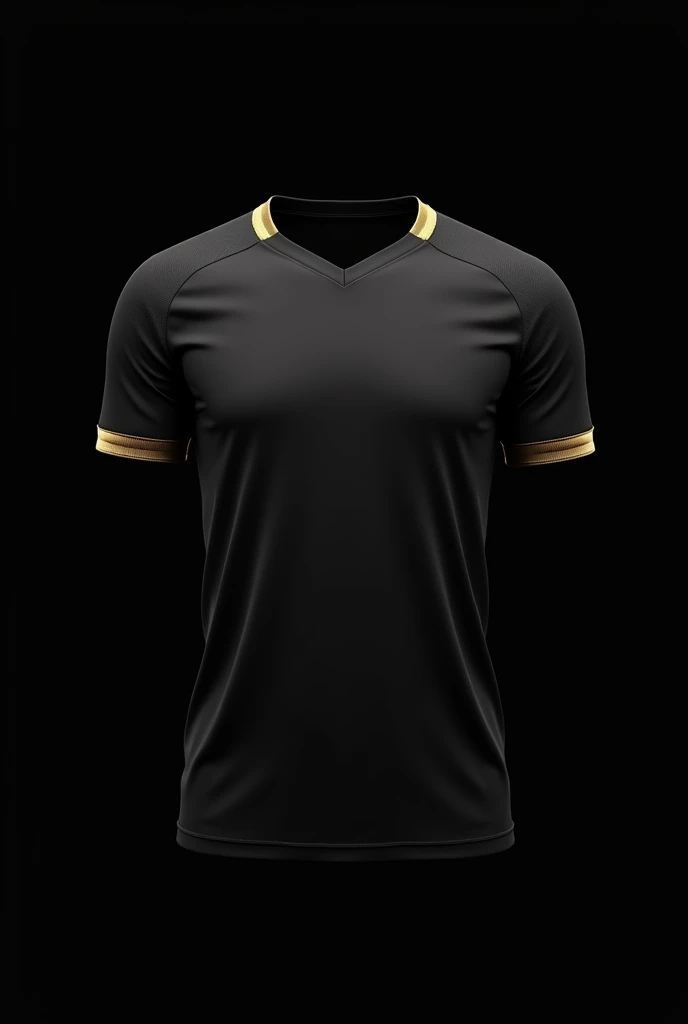 football shirt with black background, v-neck , with gold details on the ends