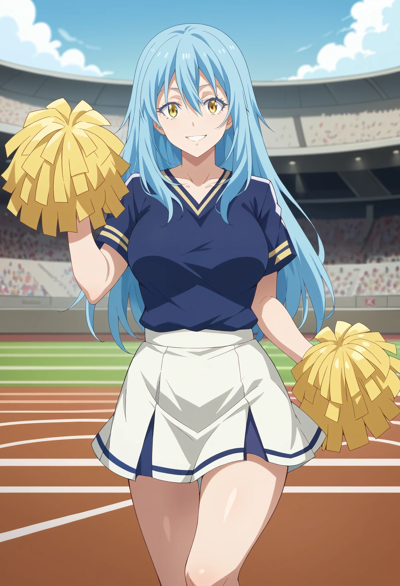 score_9, score_8_up, score_7_up, 1girl, solo, (mature:1.5),female focus, rimuru tempest, long hair, hair between eyes, blue hair, yellow eyes, cheerleader uniform, pom-poms, dark blue shirt, white skirt,breasts, smiling, standing, one arm up, bare legs, looking at you, coliseum