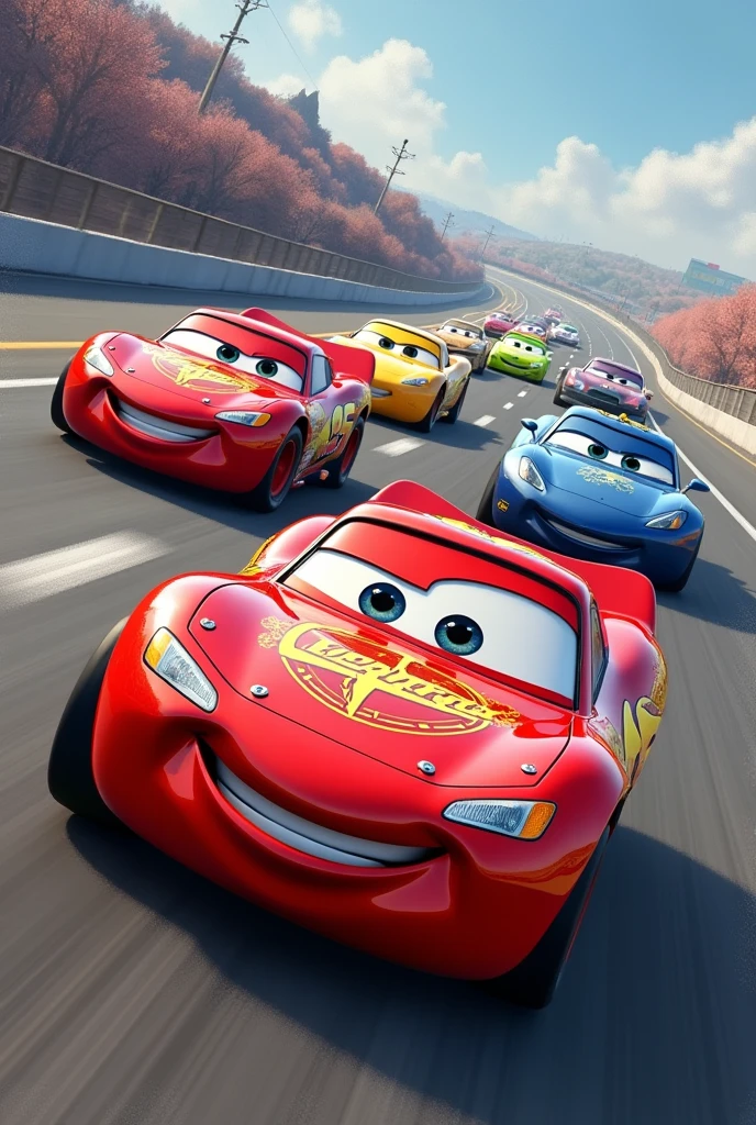 Create a poor cover for the Cars movie and it shows Lightning McQueen racing on a track and behind it it shows cars like that that are racing against him and he goes first and the other cars are different from Lightning McQueen&#39;s car 