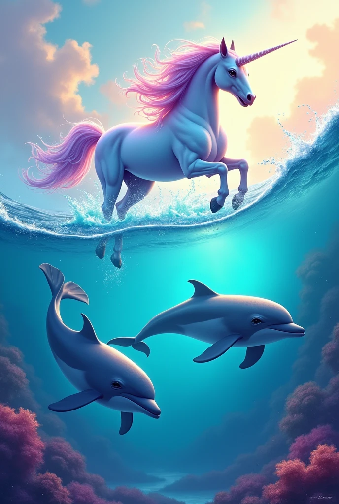 Create dolphins on a sea and a unicorn floating on the sea with too much color