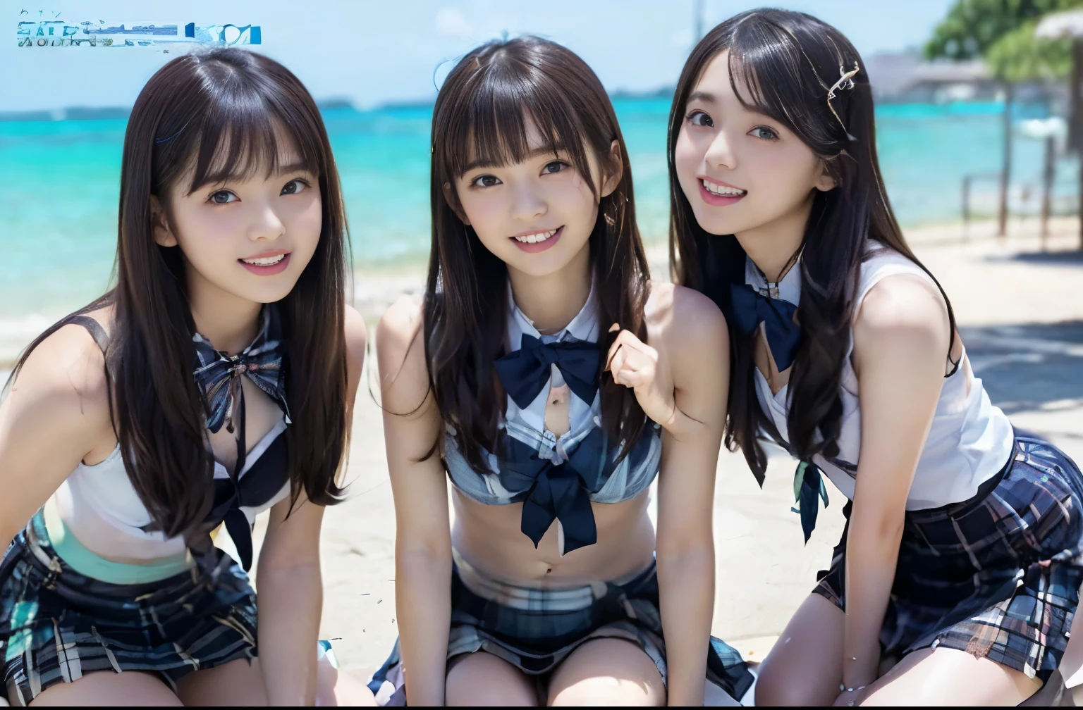 (Highest quality, masterpiece:1.2), Highest quality, Realistic, photograph, High resolution, 1080P, 8k, Physical Rendering, ((height: 155cm、Slim and slender style、medium firm chest)), ((((((Beautiful models featured in Japanese fashion magazines。、Look directly at the viewer)))))), (((big, Very fine, Beautiful dark brown eyes))), ((((Everyone loves me、They are Laughter at me.!)))), Detailed fingers, (((length, Curled bangs))), ((((Very noble and cute eyes, Every detail is carefully drawn)))), ((double eyelid)), (((length eyelashes))), ((cute、Adorable、Adorable、Laughter、Laughter頬)), ((Pure white light hits my nose and cheeks. Her naked eyes and white skin are beautifully white.....(((((No makeup))))))、 (((((Her face is very expressive、With a noble smile。, so sweet, very smart))))), ((((A striking plain navy large school ribbon bow tie)))), ((((Beautiful long black hair blowing in the wind)))), (((((((She is wearing a formal blue and navy tartan skirt))))))), ((((She shows off her beautiful small breasts.、Upper body nude)))), ((As elegant as a noble princess)), ((Tight waist((((((Very close))))))、((((((Summer memories of three high school girls)))))、Shortcut Straight Hair