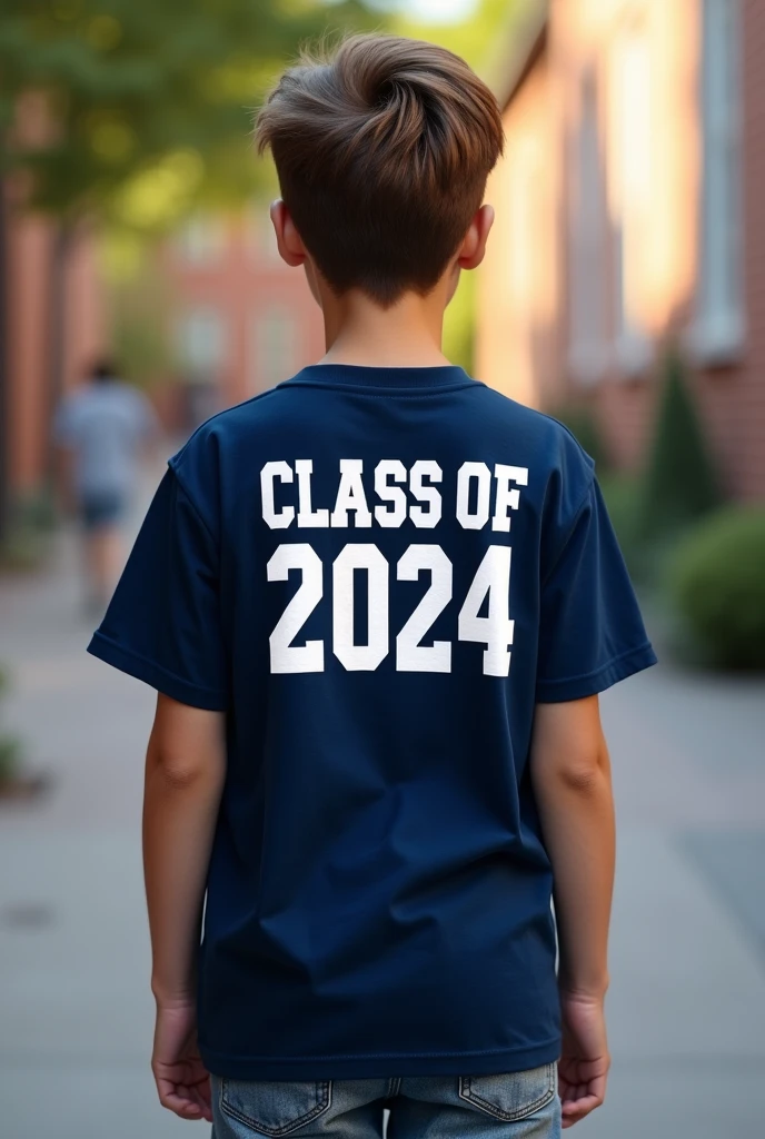 Navy and white t-shirt with class of 2024 print on the back