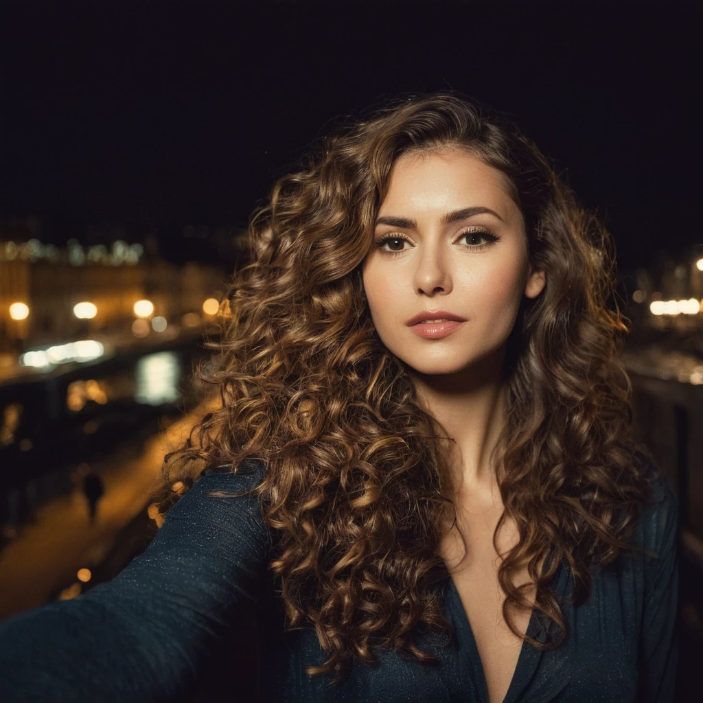 regardant droit vers la caméra, grain de film, filtre vintage, Texture de la peau, selFie oF a woman with beautiFul wavy hair ,F/1.8, en boite, dans une pailotte, soir, nuit