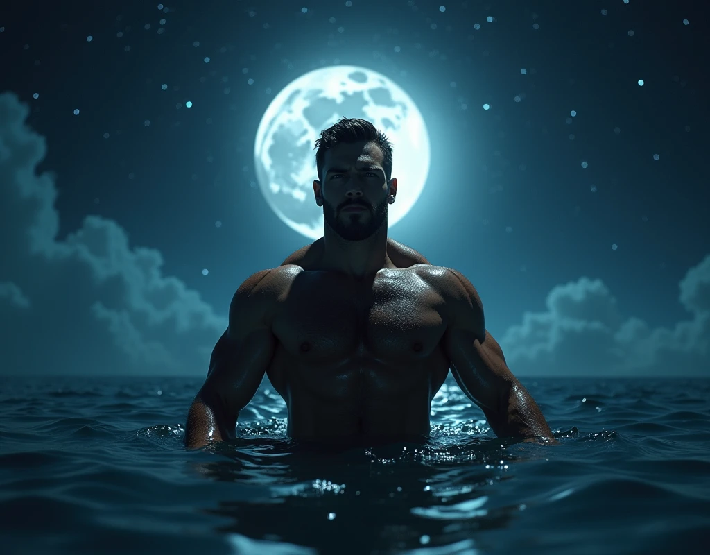 work of art, best qualityer, high resolution, retrato em close, mascle focus, focus only, muscular, burly, velues, mascle, one men, em um mar, with half the body submerged in water, behind a starry sky with a moon in the center, penis, amazing composition, from front view, HDR, volumetric lighting, ultra quality, chic, highy detailed