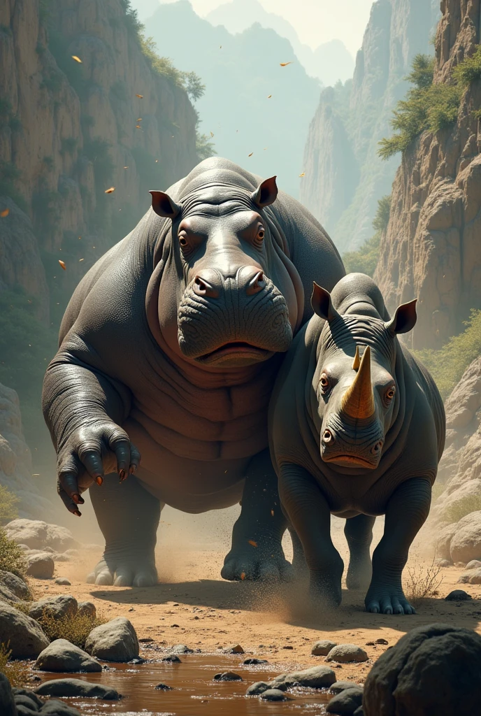 fight, hippo vs rhino, muscular, hippo winning