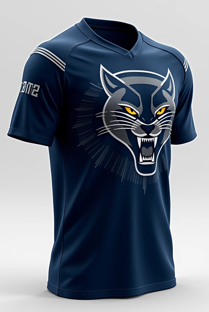 make a navy blue school indoor games shirt with silver details with a panther on the front and a number with name on the back in silver details