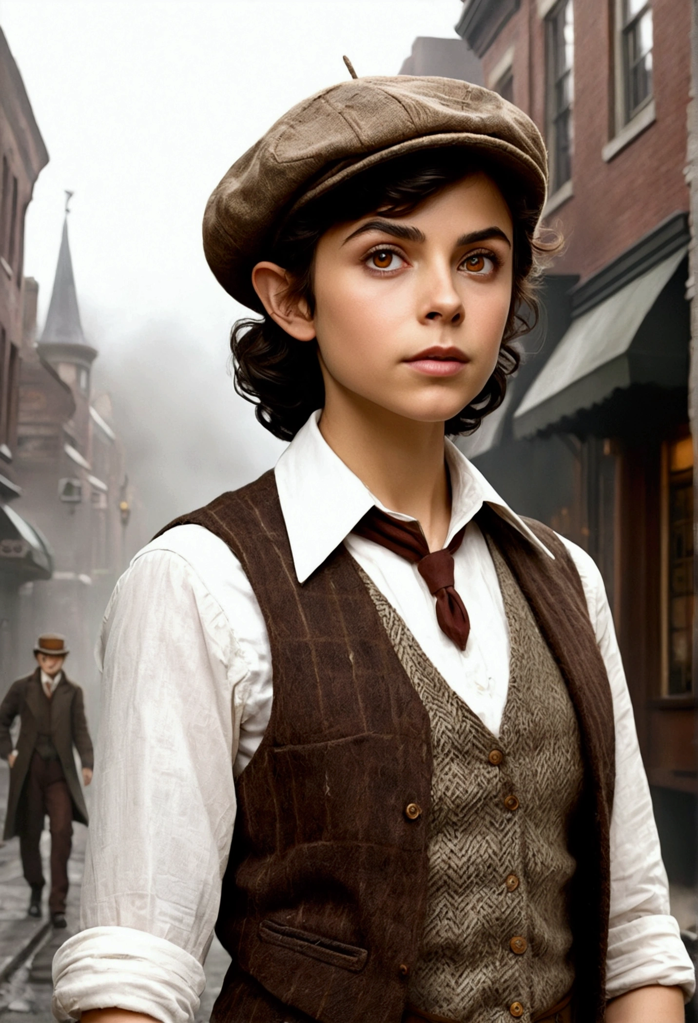 An illustrated movie poster, hand-drawn, full color, a teenage elven girl, wearing a tweed vest and a newsie cap, athletic hourglass figure, long pointy elf ears, amber eyes, dark hair, messy shaggy bob cut, deep sun-tanned skintone, resembles Morena Baccarin, standing on a foggy victorian-era street corner, graphite shading, stencil marks, airbrushed acrylic paint, masterpiece, in the style of the Sherlock Holmes, elf ears