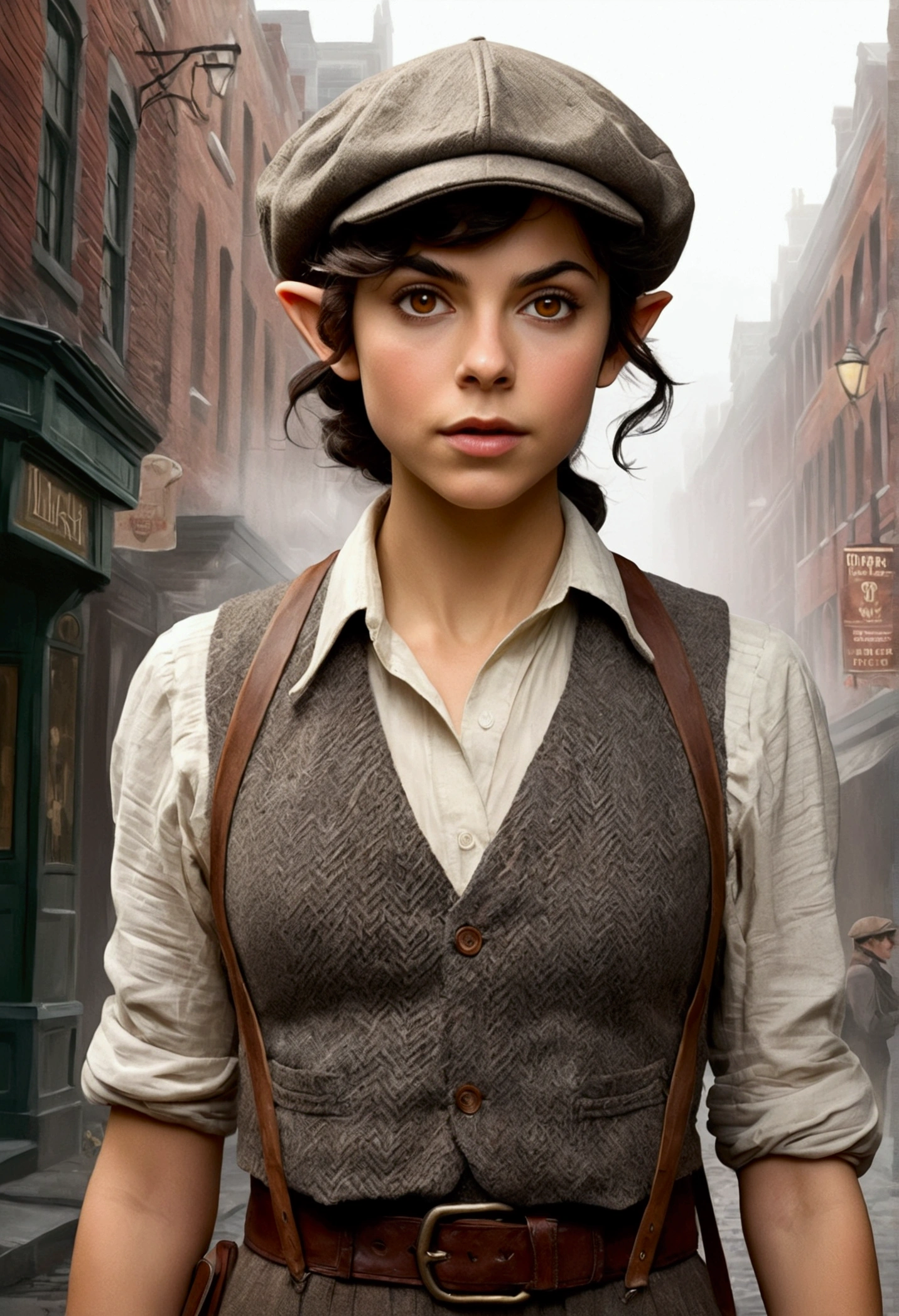 An illustrated movie poster, hand-drawn, full color, a teenage elven girl, wearing a tweed vest and a newsie cap, athletic hourglass figure, long pointy elf ears, amber eyes, dark hair, messy shaggy bob cut, deep sun-tanned skintone, resembles Morena Baccarin, standing on a foggy victorian-era street corner, graphite shading, stencil marks, airbrushed acrylic paint, masterpiece, in the style of the Sherlock Holmes, elf ears