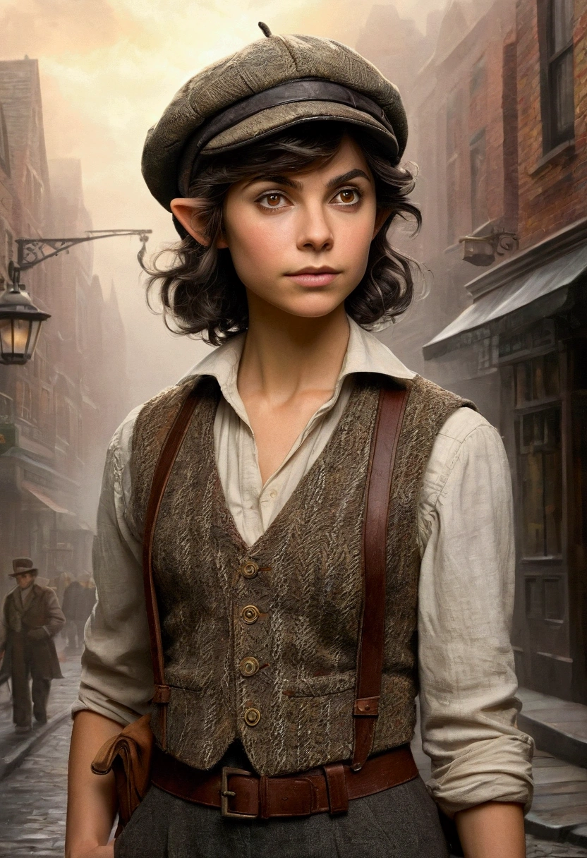 An illustrated movie poster, hand-drawn, full color, a age elven girl, wearing a tweed vest and a newsie cap, athletic hourglass figure, long pointy elf ears, amber eyes, dark hair, messy shaggy bob cut, deep sun-tanned skintone, resembles Morena Baccarin, standing on a foggy victorian-era street corner, graphite shading, stencil marks, airbrushed acrylic paint, masterpiece, in the style of the Sherlock Holmes, elf ears