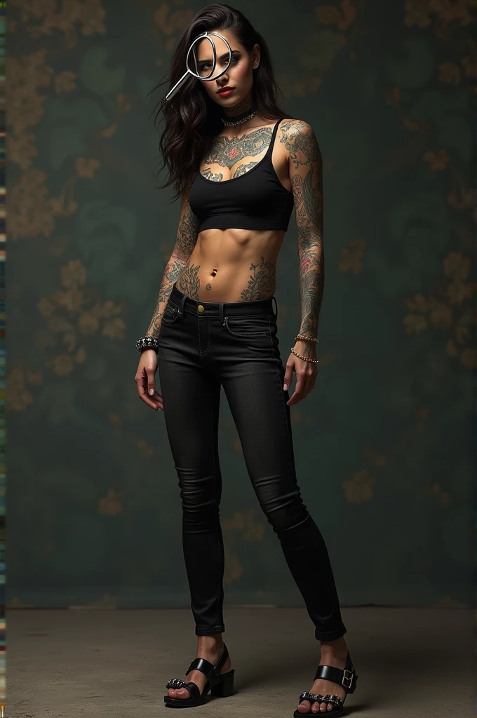 One with the tattoos in a black crop top with jeans with a magnifying glass on top of her head and with Gucci sandals