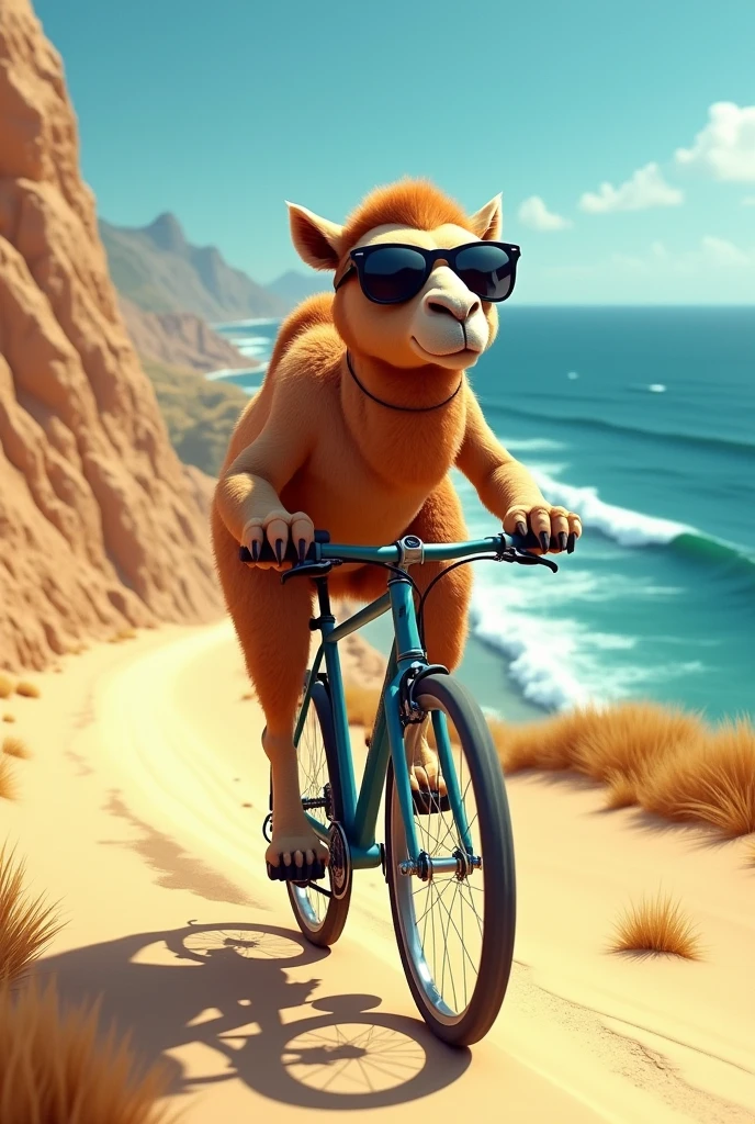 A camel wearing sunglasses ,  cycling on a steep road , surrounded by beach sand , with speed in the background the blue sea
