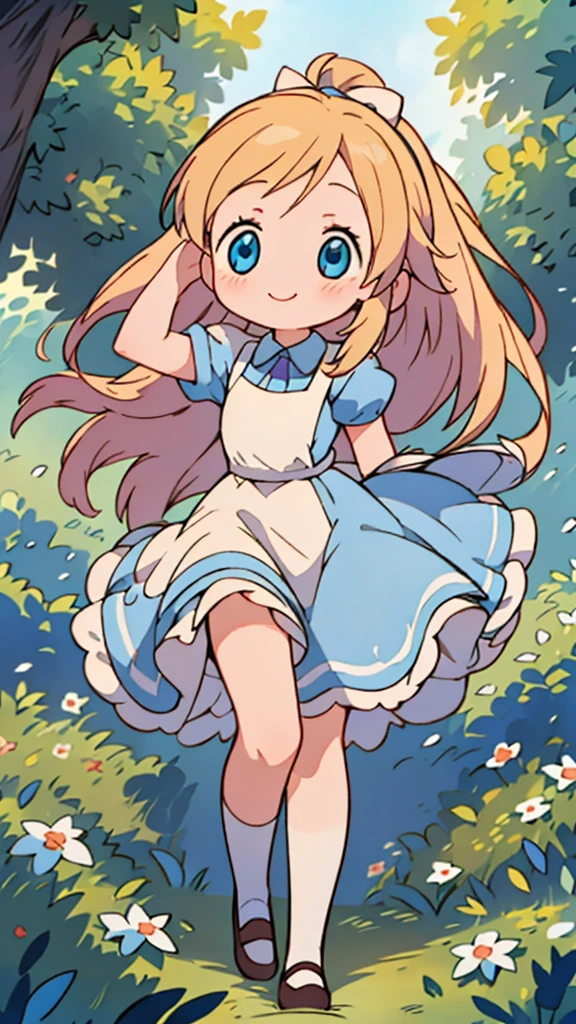 masterpiece, best quality, beautiful, cute visual art, girl (proportion: 1:5 heads), Alice in wonderland, cute, happy smile,  longer blonde hair, blue eyes, walking in the forest {(wind power: 0.5)}, blue dress {(long dress details: 1.0)}, slim and long legs (open legs), Ezbian full body (softly wind blows), {{((A gentle wind blows her hair))}}, good proportions, big blue bow {(on the top of her head)}, looking at the viewer, space, blushing, big smile, no nose, cute style, pastel tones, soft colors