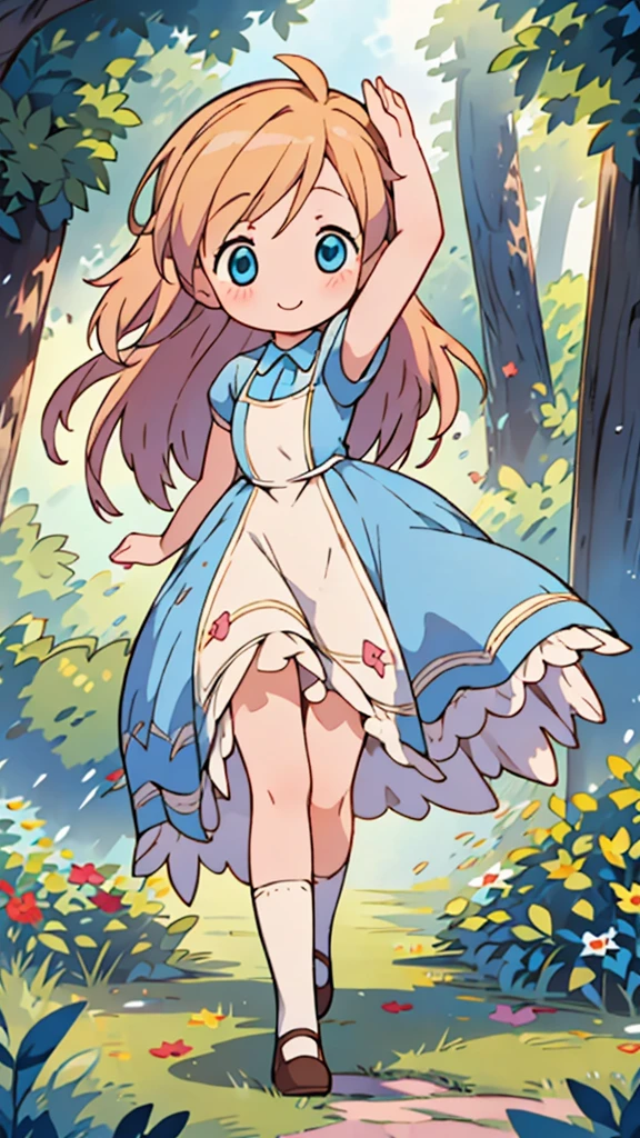 masterpiece, best quality, beautiful, cute visual art, girl (proportion: 1:5 heads), Alice in wonderland, cute, happy smile,  longer blonde hair, blue eyes, walking in the forest {(wind power: 0.5)}, blue dress {(long dress details: 1.0)}, slim and long legs (open legs), Ezbian full body (softly wind blows), {{((A gentle wind blows her hair))}}, good proportions, big blue bow {(on the top of her head)}, looking at the viewer, space, blushing, big smile, no nose, cute style, pastel tones, soft colors