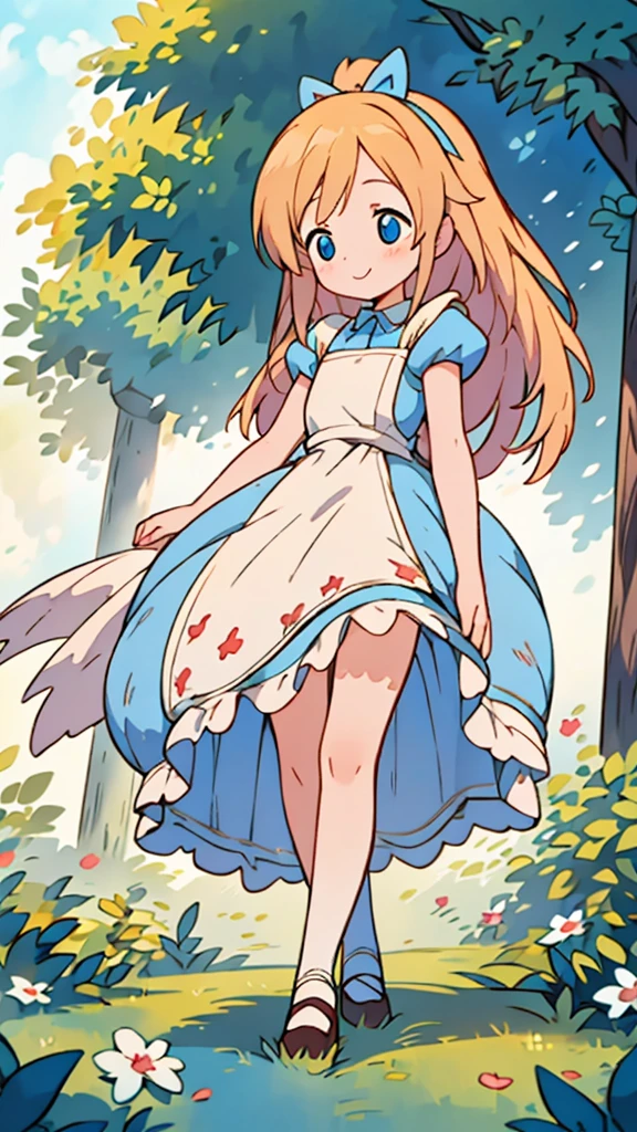 masterpiece, best quality, beautiful, cute visual art, girl (proportion: 1:5 heads), Alice in wonderland, cute, happy smile,  longer blonde hair, blue eyes, walking in the forest {(wind power: 0.5)}, blue dress {(long dress details: 1.0)}, slim and long legs (open legs), Ezbian full body (softly wind blows), {{((A gentle wind blows her hair))}}, good proportions, big blue bow {(on the top of her head)}, looking at the viewer, space, blushing, big smile, no nose, cute style, pastel tones, soft colors