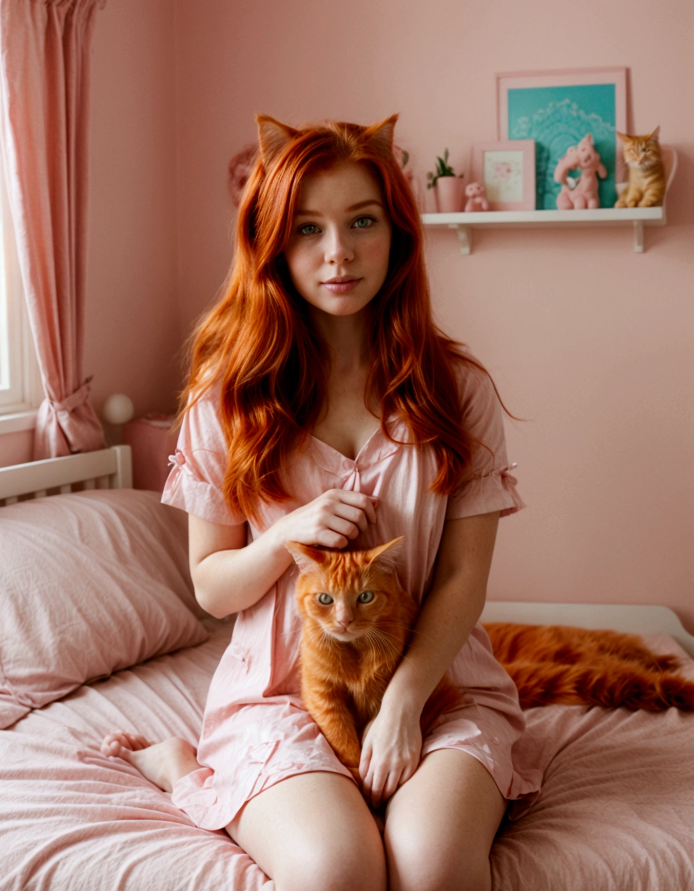 redhead woman sitting on the bed in her pretty pink, cute and decorated room holding an orange cat