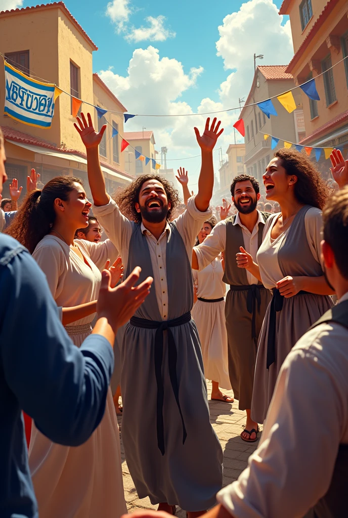Make a picture of happy Jews celebrating victory