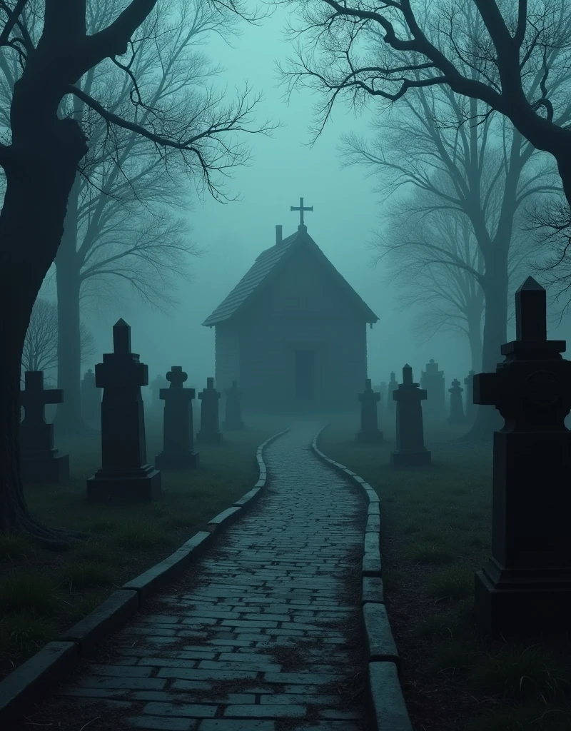 A long pathway through a grave yard, A wooden cabin in the distance, it is night, very foggy, very creepy