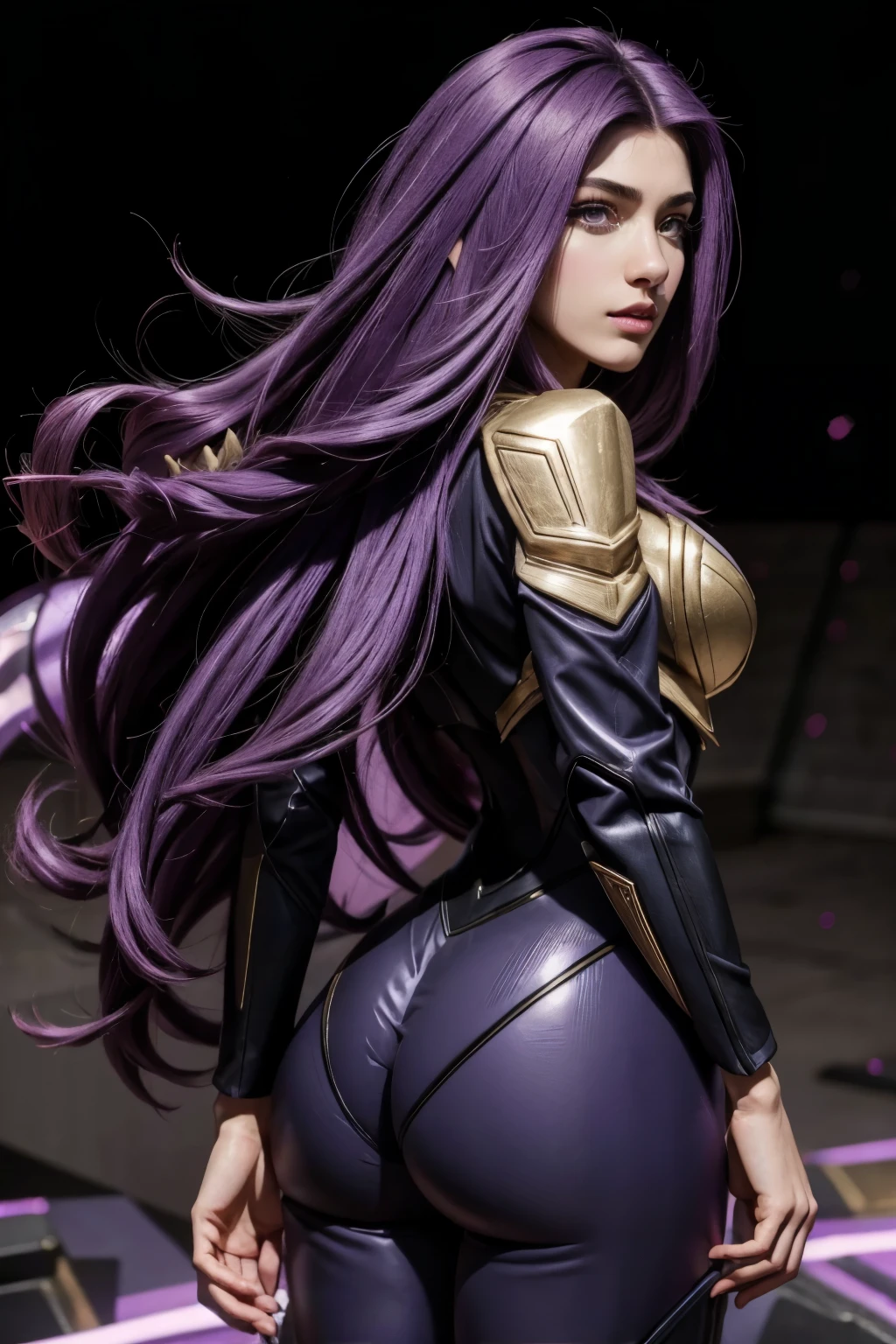 kaisa league of legends, standing backwards, in this, super long dark purple hair, face detailed, posse sexy, kda suit, super detaill, high resolution, 8k, Overview