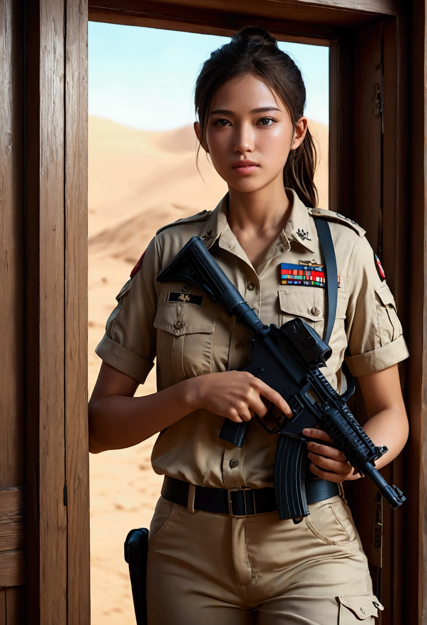 Photorealistic. 20 year old female soldier, slender and thin, bust size 32e, Her hair is black and combed in a ponytail, Her face is beautiful and symmetrical. He is wearing a desert camouflage military uniform., Military camouflage pants and military camouflage shirt., pointedher gun at the door, sandy room where only light comes in from a window.. Anti-Aliasing Ultra High, intricate detail, art station, Virtual Engine, DOF, Super resolution, megapixel, FKA, THAI, rtx, SSAO, Post-processing, Post-production, Tone Mapping, cgi, VFX, SFX, Crazy detail and complexity, ultra realistic Ultra Detail, super detail, realistic, ultra realistic, Unreal Engine, 8k, masterpiece, best quality, Ray Tracing, depth of field, cinematic lighting, octane rendering, clear focus, ???????, Ultra-realistic skin texture, high-detail eyes, from above view, --AR 3:2.