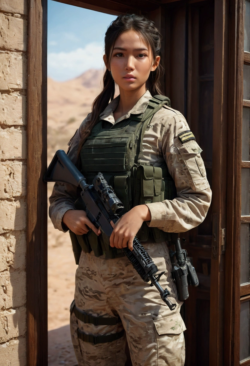 Photorealistic. 20 year old female soldier, slender and thin, bust size 32e, Her hair is black and combed in a ponytail, Her face is beautiful and symmetrical. He is wearing a desert camouflage military uniform., Military camouflage pants and military camouflage shirt., pointedher gun at the door, sandy room where only light comes in from a window.. Anti-Aliasing Ultra High, intricate detail, art station, Virtual Engine, DOF, Super resolution, megapixel, FKA, THAI, rtx, SSAO, Post-processing, Post-production, Tone Mapping, cgi, VFX, SFX, Crazy detail and complexity, ultra realistic Ultra Detail, super detail, realistic, ultra realistic, Unreal Engine, 8k, masterpiece, best quality, Ray Tracing, depth of field, cinematic lighting, octane rendering, clear focus, anatomy, Ultra-realistic skin texture, high-detail eyes, from above view, --AR 3:2.

