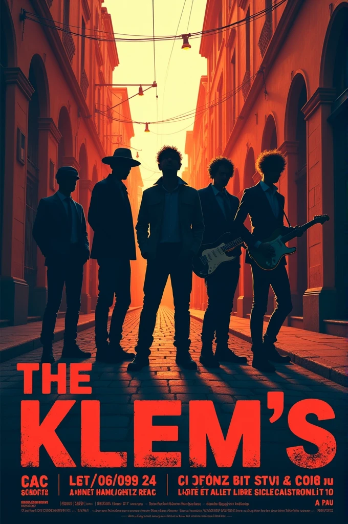Créer une affiche moderne dans une rue étroite. pour un concert de 6 musiciens. avec un chanteur qui porte un chapeau, un drummer, un petit bassiste, un saxophoniste , un guitariste avec des cheveux et une barbe, un guitariste chauve. dans un style rock avec des faux personnages en ombres. pour le band « The Klem’s ». Avec écrit dessus : Date le 06/09/24 à 20h au café du passage Carnot à Pau.
