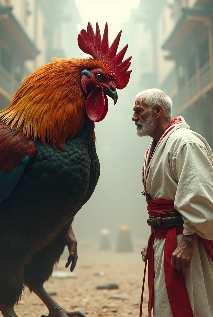 a strong rooster with vengeful muscles imposing on the human body facing an old man with white clothes and red details without symbol