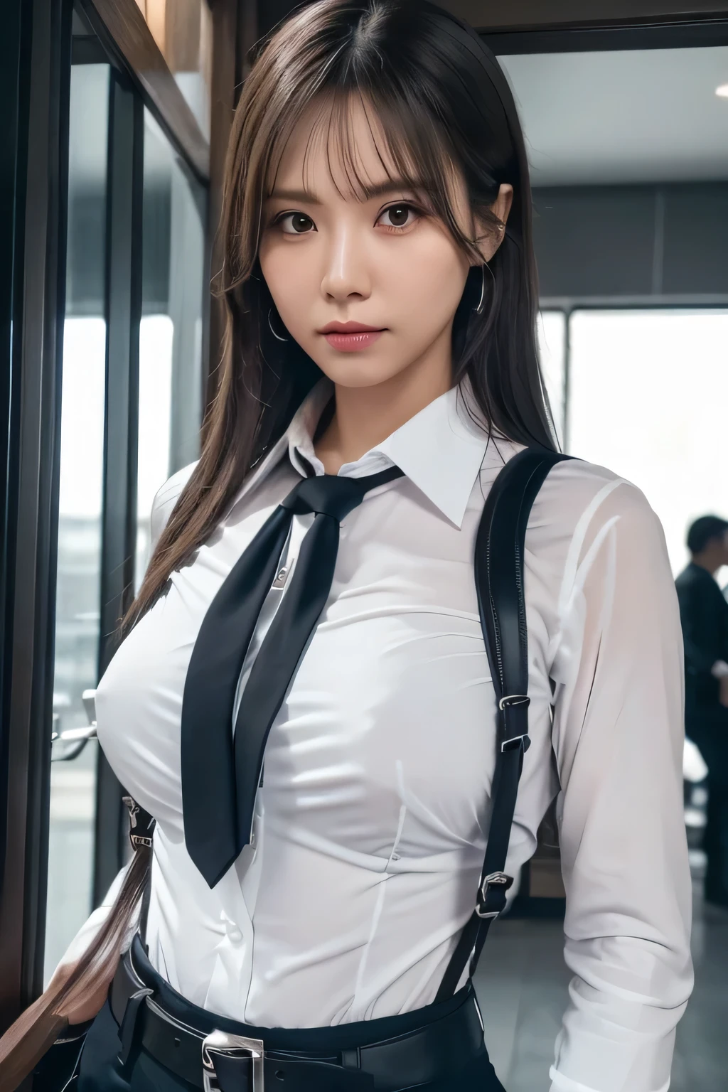 a woman in a suit, belt, hands behind back, sweating, suspenders, black pants, sexly, large breasts, see-through clothing, rain, detective, office worker, white button-up shirt, (best quality,4K,8k,highres,masterpiece:1.2),ultra-detailed,(realistic,photorealistic,photo-realistic:1.37),hyper-detailed,highly detailed face and body, Slender thin suspenders Moderate breasts See-through shirt Nipples holster chain Pistol Armament criminal Female criminal knife