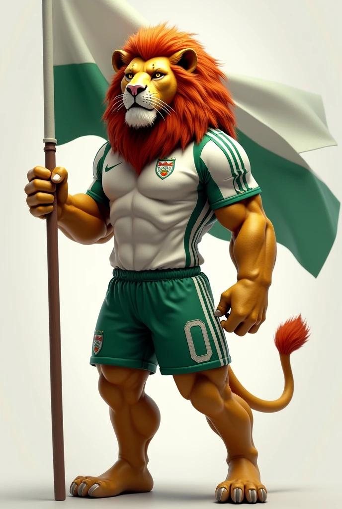 Lion in soccer sportswear holding a white and green flag