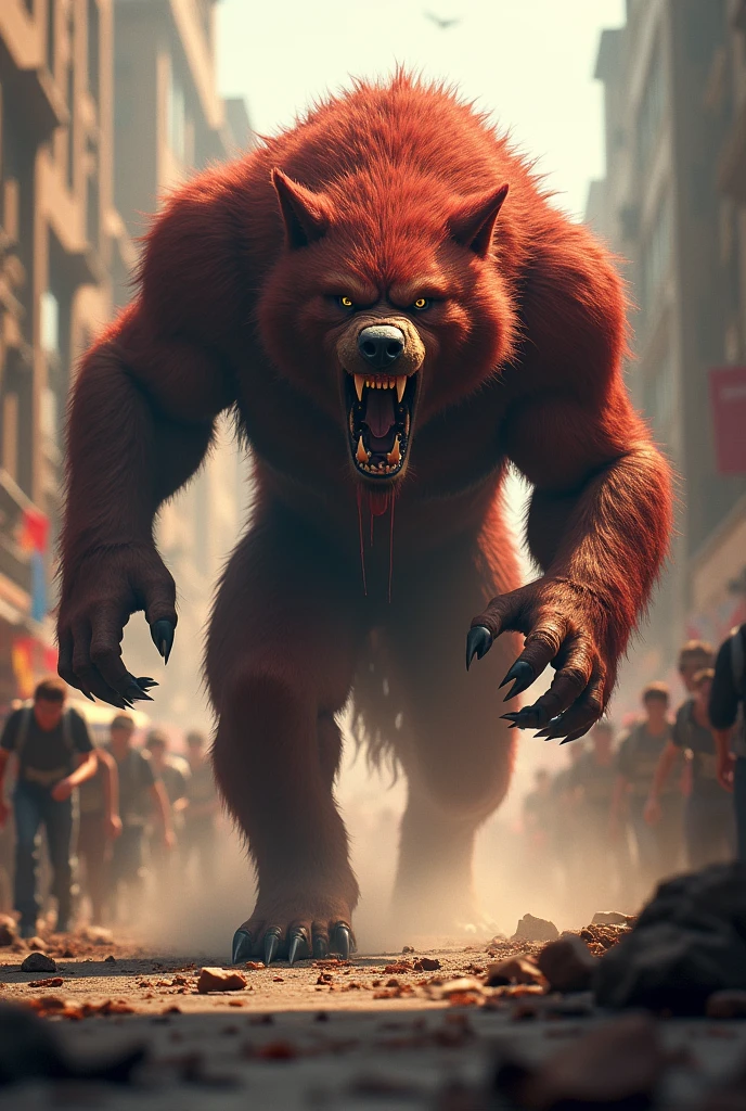 A fierce werewolf with red fur and a height of three meters running away from the crowd