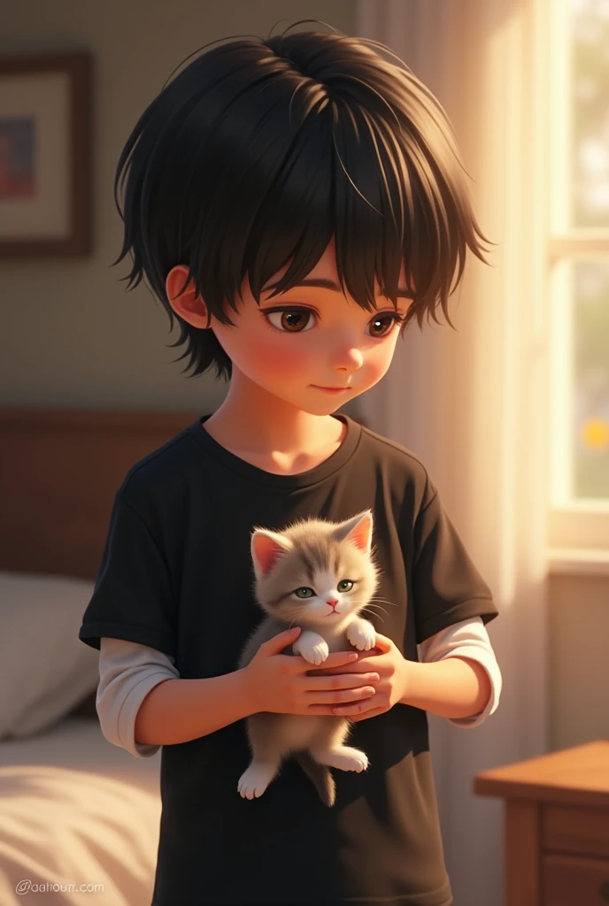 Boy with long black hair, black t-shirt with white sleeves, holding a kitten 