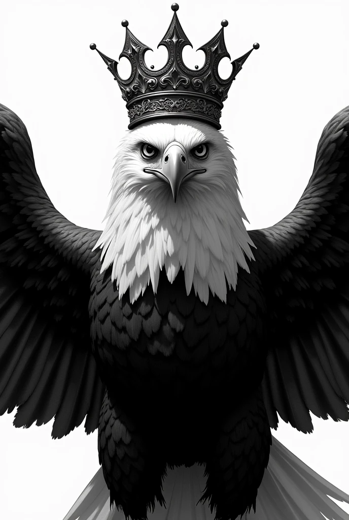 An eagle with a crown on its head in black and white