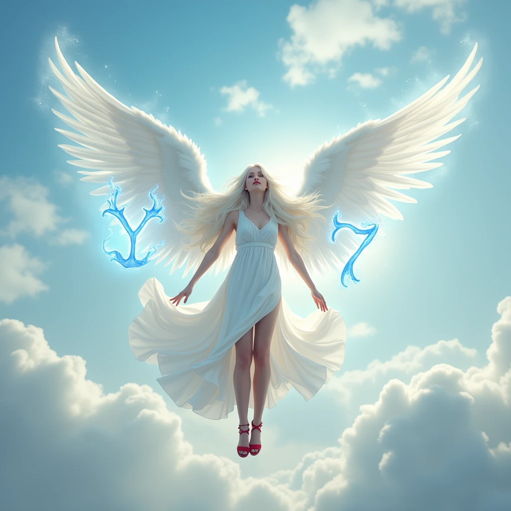 a woman with white hair, big wings, white dress, red high heel sandal, with the letter Y of blue fire and the number 7 of blue fire in the hands floating in the sky.