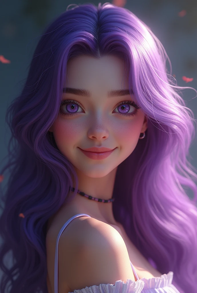 smile, violet eyes, High resolution, anatomically correct, The best quality, High details, Long hair, purple hair, 1 girl, 8k octane, 3D rendering, movie,