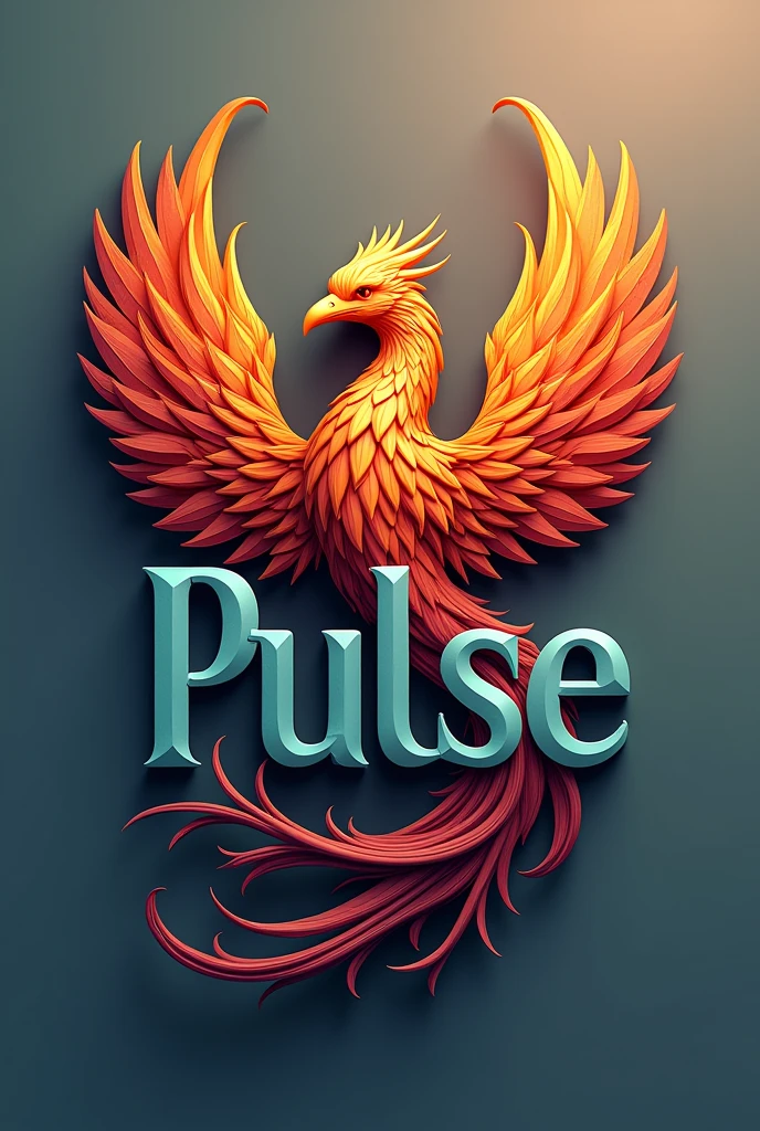 A logo with the phoenix that blends with the name Pulse and two colors in the letter, Give me the phoenix in the background and more realistic and stylish, give me another color combination