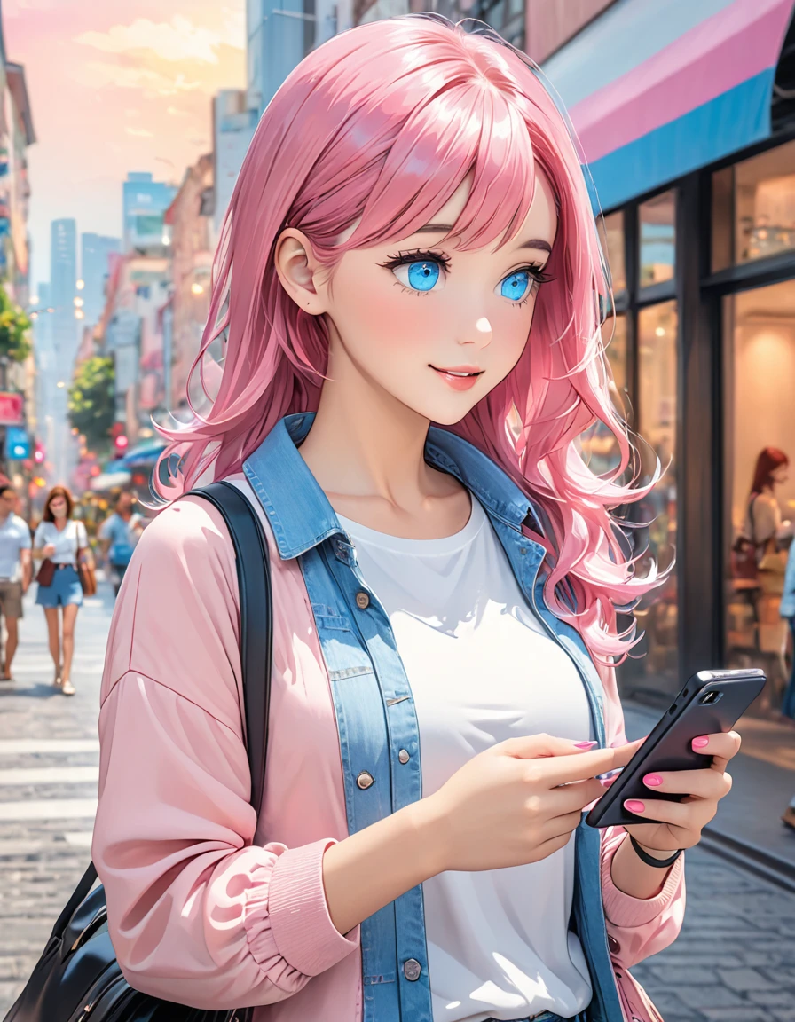 meeting, woman, casual wear, touching smartphone, looking at smartphone, city, pink hair and blue eyes
