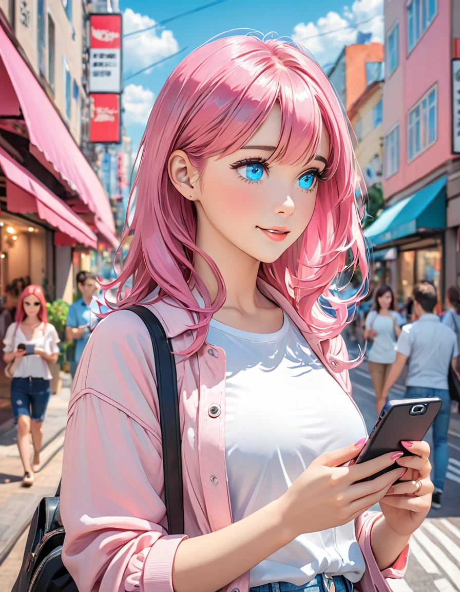meeting, woman, casual wear, touching smartphone, looking at smartphone, city, pink hair and blue eyes