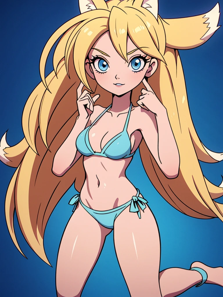 Beautiful 1 girl, full body, ager, alone, (very long blonde hair to waist, straight blonde hair: 1.28), ((light blue eyes)), fair skin, (darker big fox ears: 1.35), pale skin, medium breasts, nude, naked, no clothes, (slim hips, slim waist, athletic body: 1.25), background, looking away, (wearing only a bikini: 1.5), groping chest, kneeling in the sand, masterpiece, best quality, 3D rendering work, 3DMM style, close-up, portrait, 3D,
