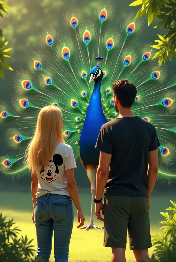 a Brazilian couple in a park seeing a beautiful peacock and calling him closer, she is wearing pants and a shirt with a Mickey design,he in black pants and shirt, She has long straight hair and is blonde and he has short black hair parted to the side and no beard..
