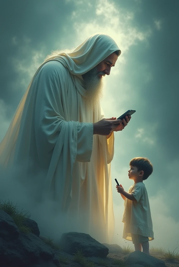 Generates an image of God watching a child who is using the phone, with a text that says " son, Have you already talked to your parents for a while??"