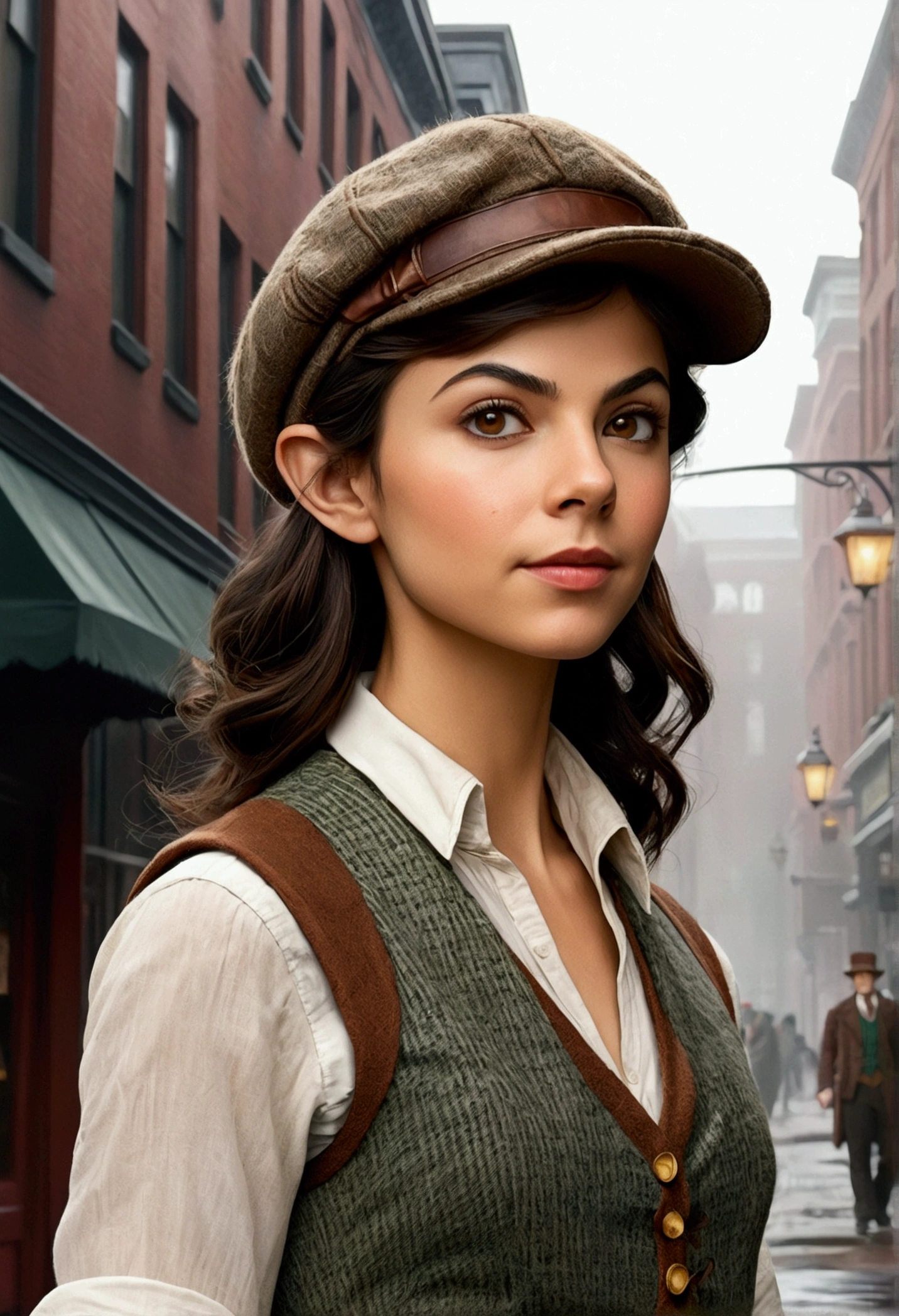 An illustrated movie poster, hand-drawn, full color, an elven maiden, wearing a tweed vest and a newsie cap, tall, toned, amazonian stature, athletic hourglass figure, long pointy elf ears, Amber eyes, dark hair, shaggy bob cut, deep sun-tanned skintone, freckles, resembles Victoria Justice, standing on a foggy Victorian-era street corner, graphite shading, stencil marks, airbrushed acrylic paint, masterpiece, in the style of Sherlock Holmes, elf ears