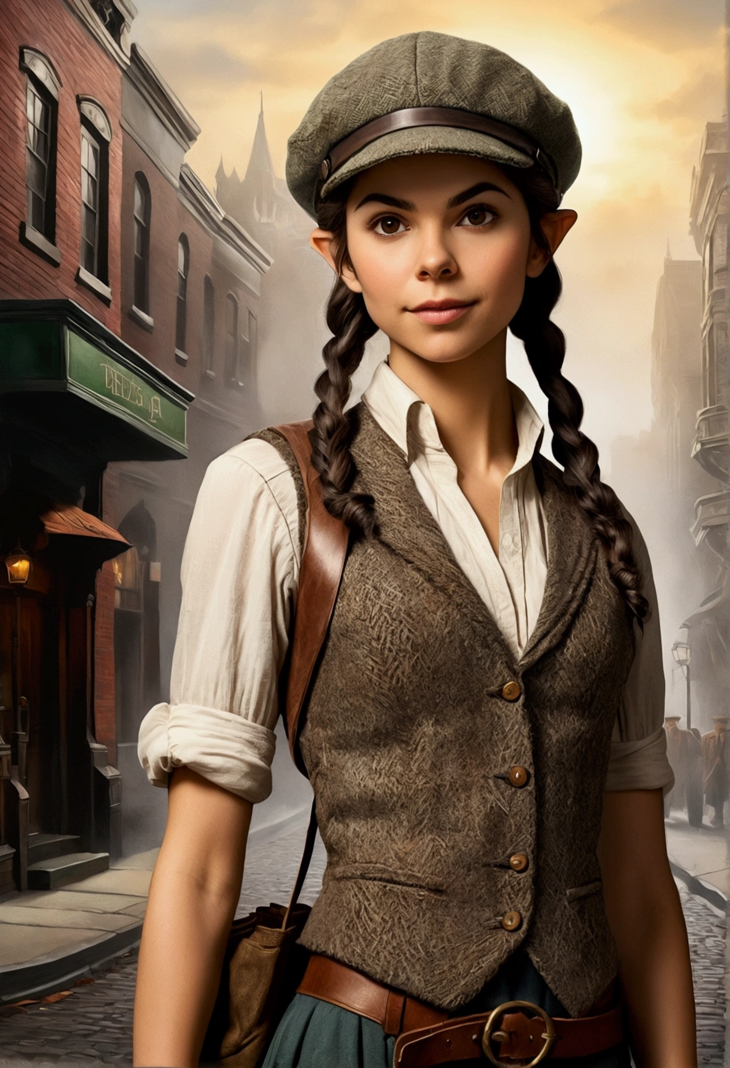 An illustrated movie poster, hand-drawn, full color, an elven maiden, wearing a tweed vest and a newsie cap, tall, toned, amazonian stature, athletic hourglass figure, long pointy elf ears, Amber eyes, dark hair, shaggy bob cut, deep sun-tanned skintone, freckles, resembles Victoria Justice, standing on a foggy Victorian-era street corner, graphite shading, stencil marks, airbrushed acrylic paint, masterpiece, in the style of Sherlock Holmes, elf ears